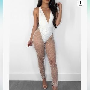 White pearl/mesh high waisted leggings